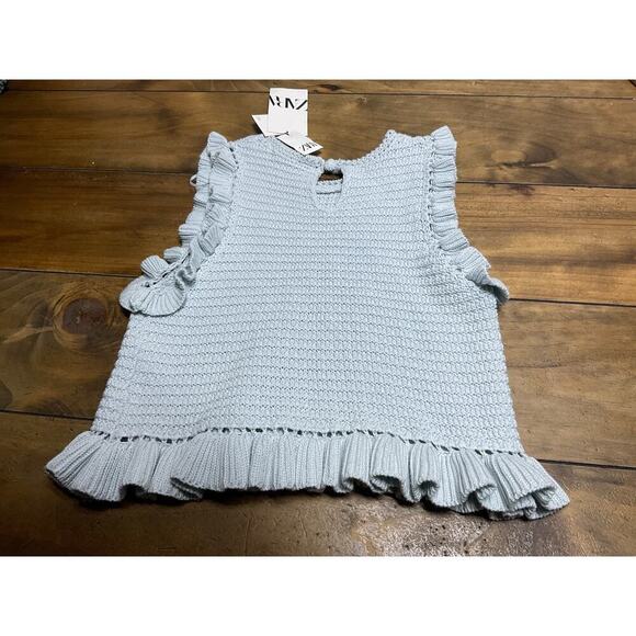 Zara Blue Knit Ruffle Sleeve Crochet Top Medium NWT - Picture 9 of 11